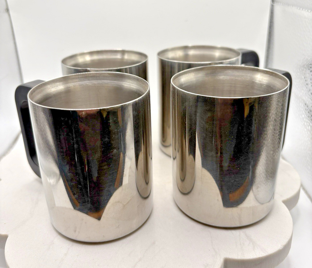 Set of Four Double Wall Stainless Steel Coffee Mugs 18-8 Black Handles Vintage